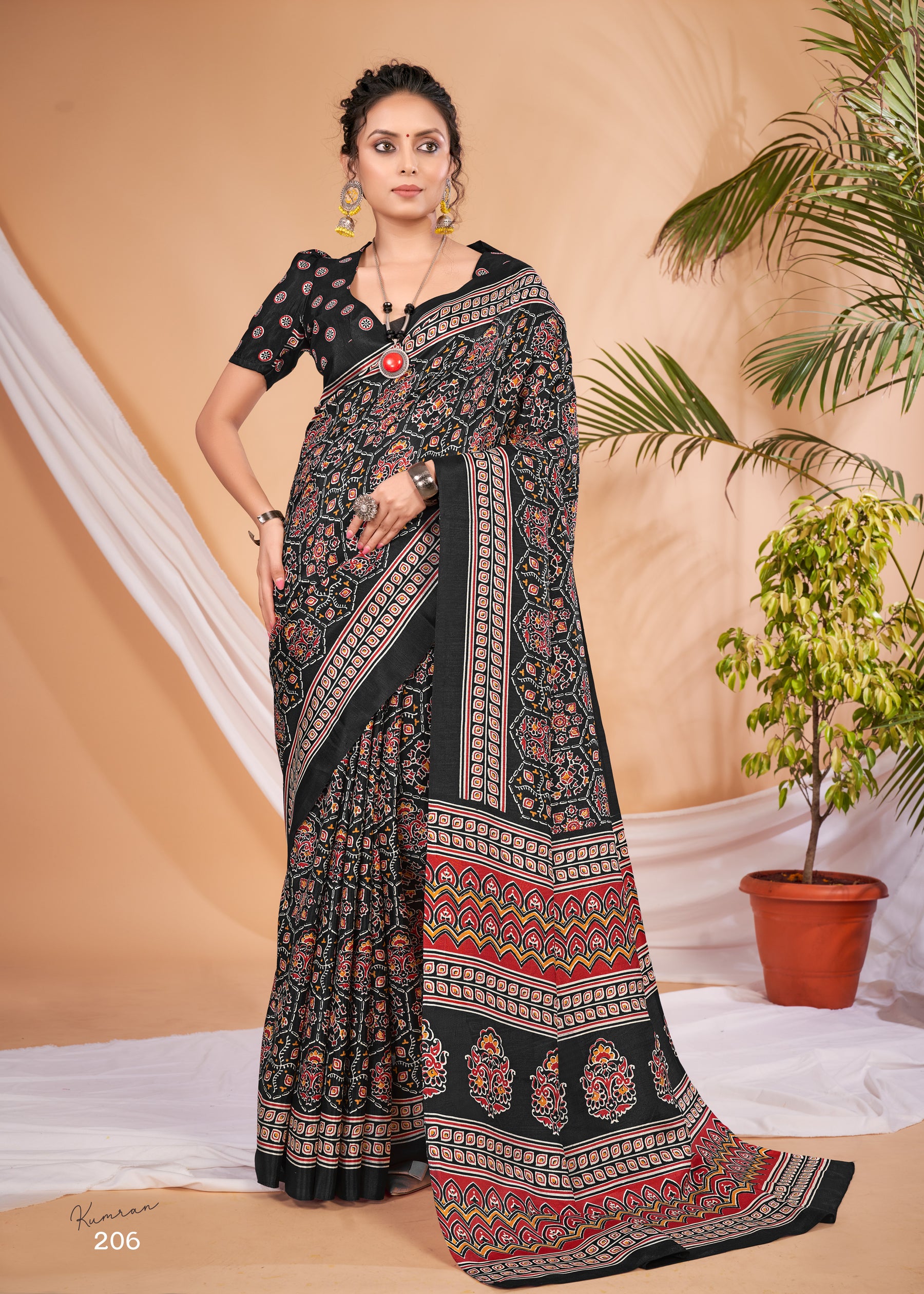 KUMRAN Rustic Midnight Ajrakh Elegance Saree