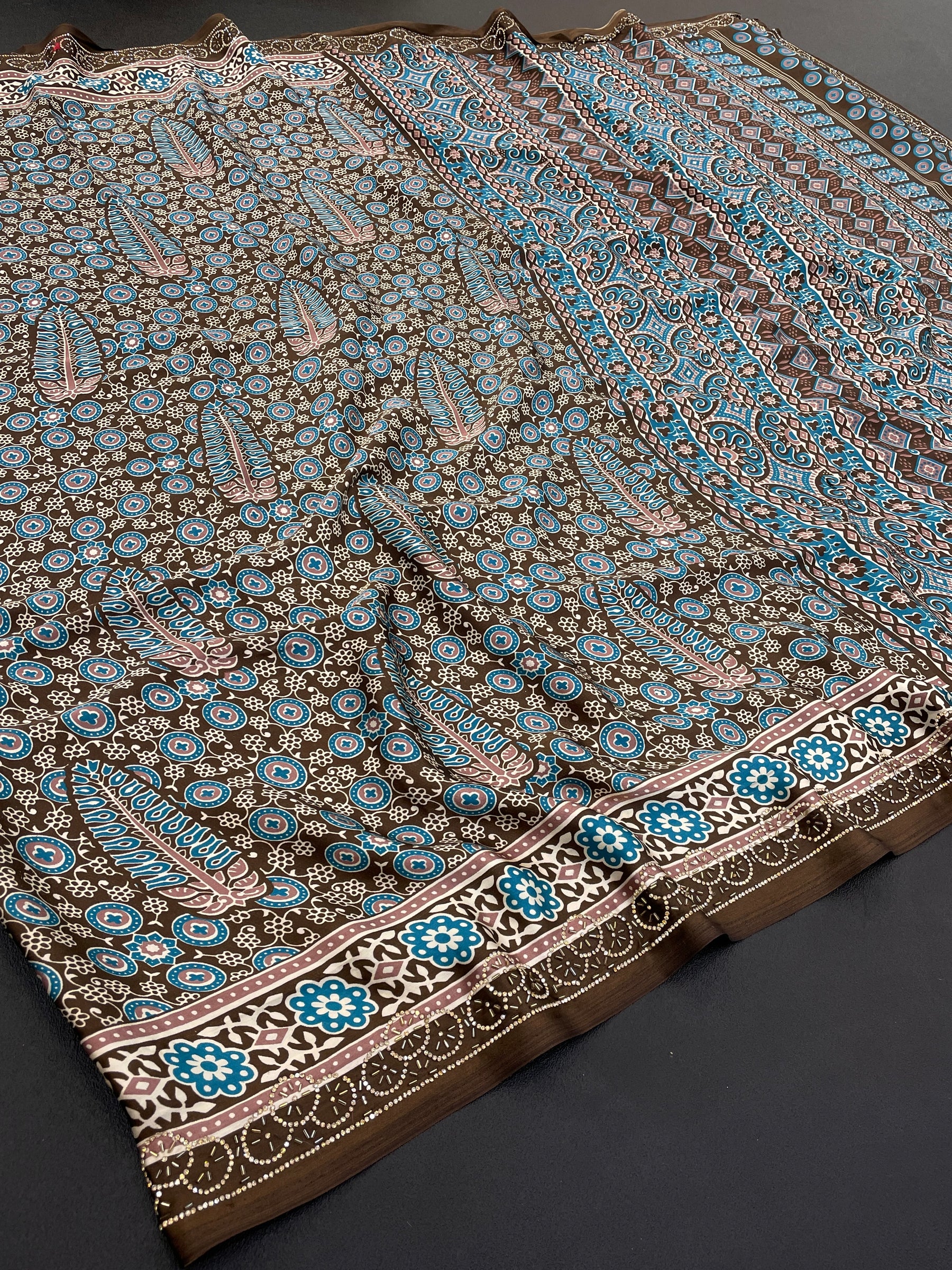 PAURANIK-Royal Mocha Brown Saree with Intricate Ajrakh-Inspired Blue Heritage Prints