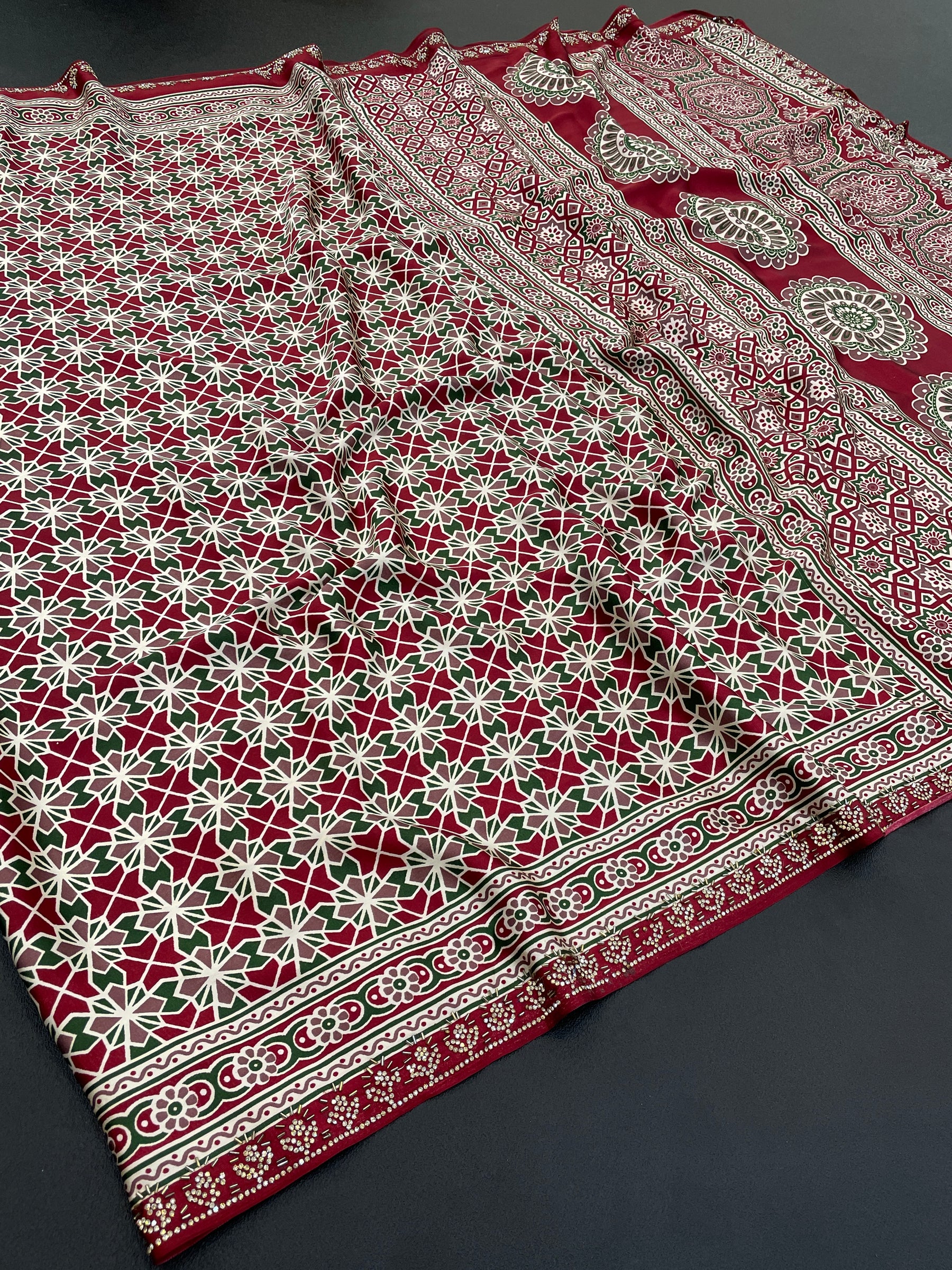 PAURANIK-Elegant Wine Red Ajrakh Saree with Intricate Floral & Geometric Heritage Prints