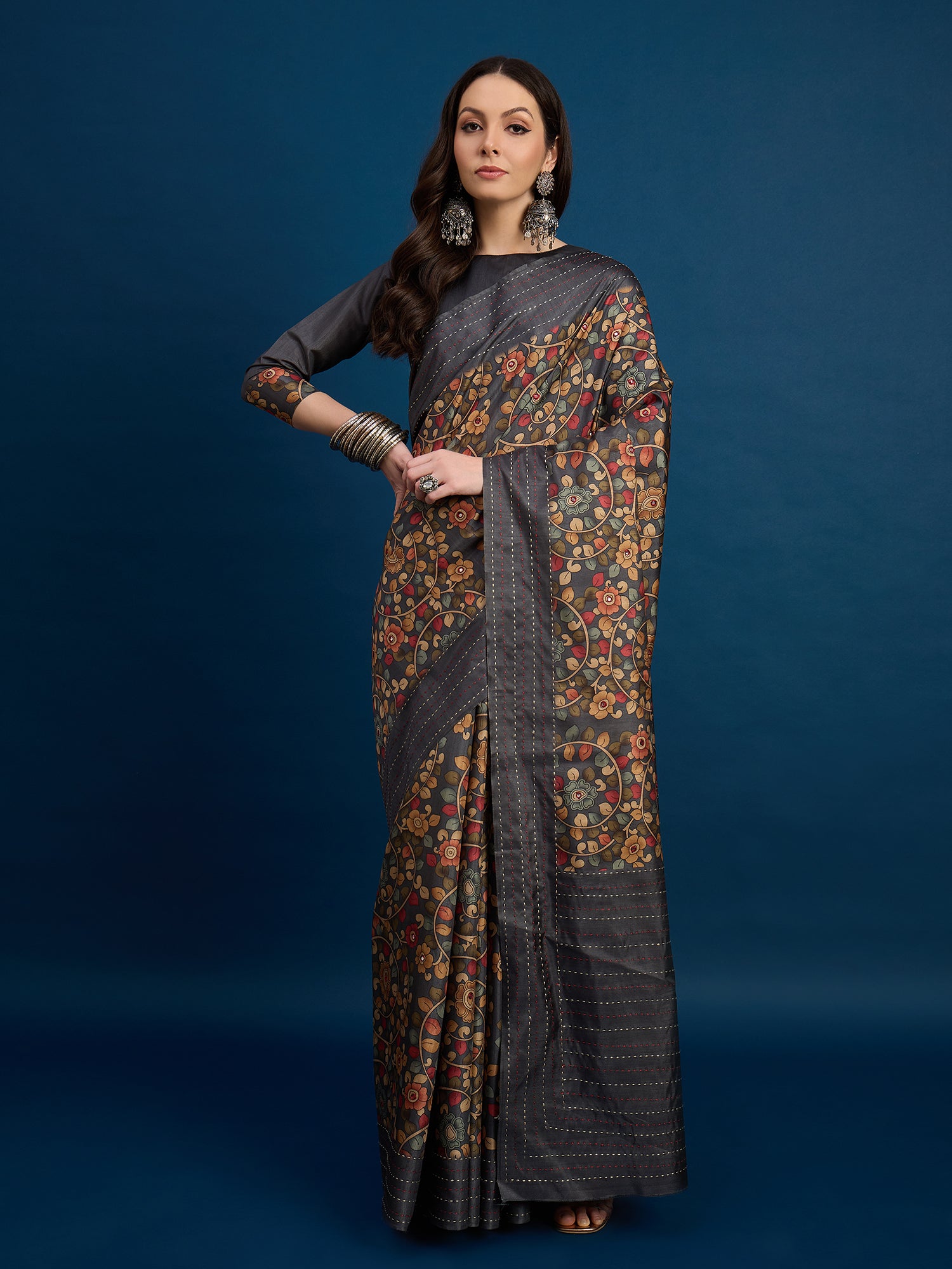 KATHAKARI Midnight Floral Heritage Saree