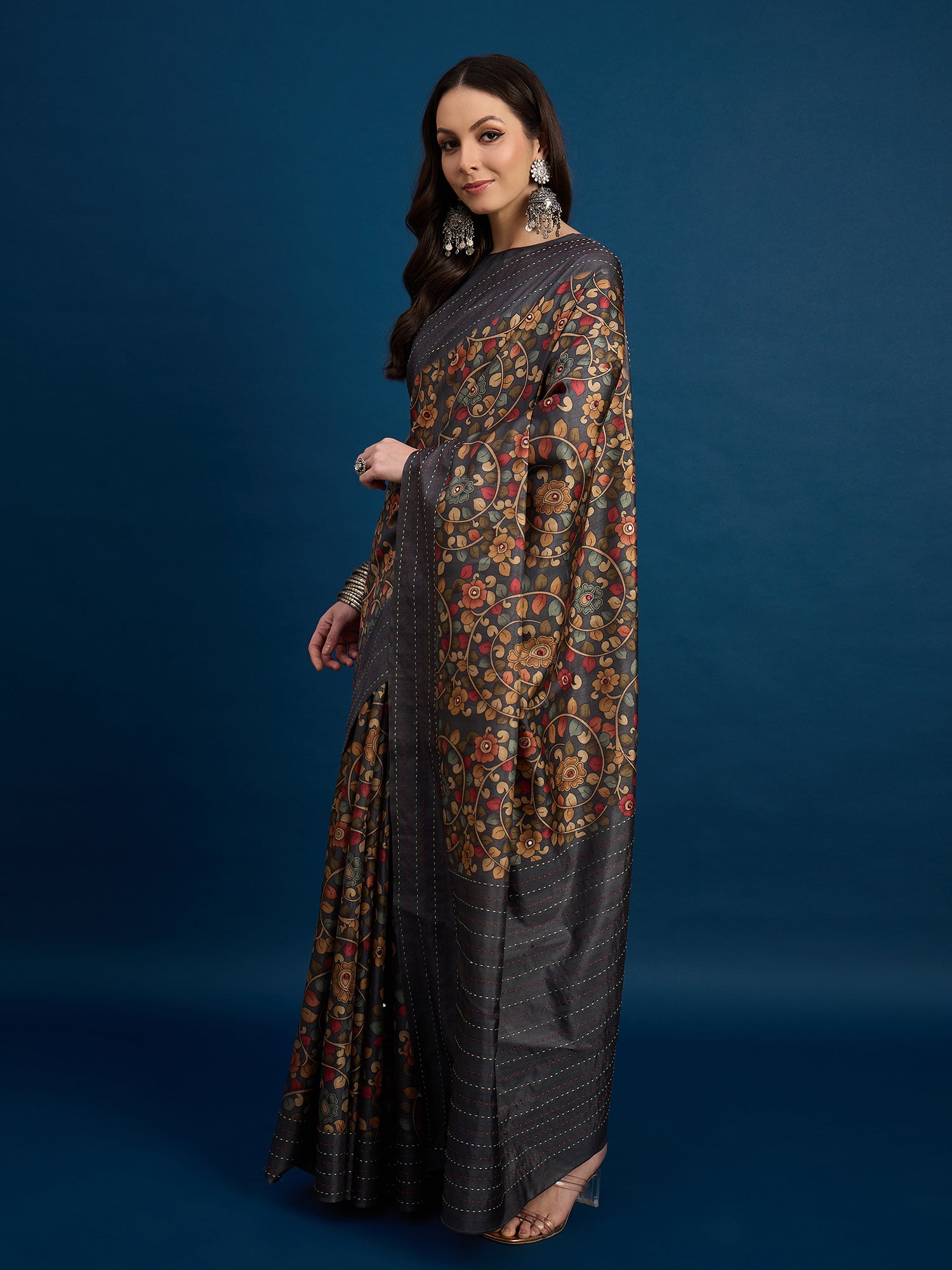 KATHAKARI Midnight Floral Heritage Saree
