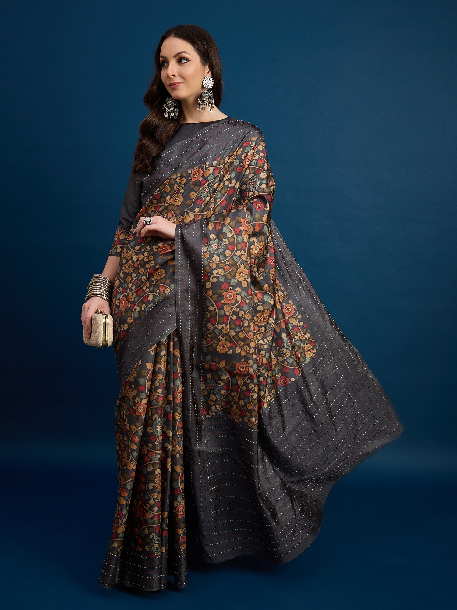 KATHAKARI Midnight Floral Heritage Saree