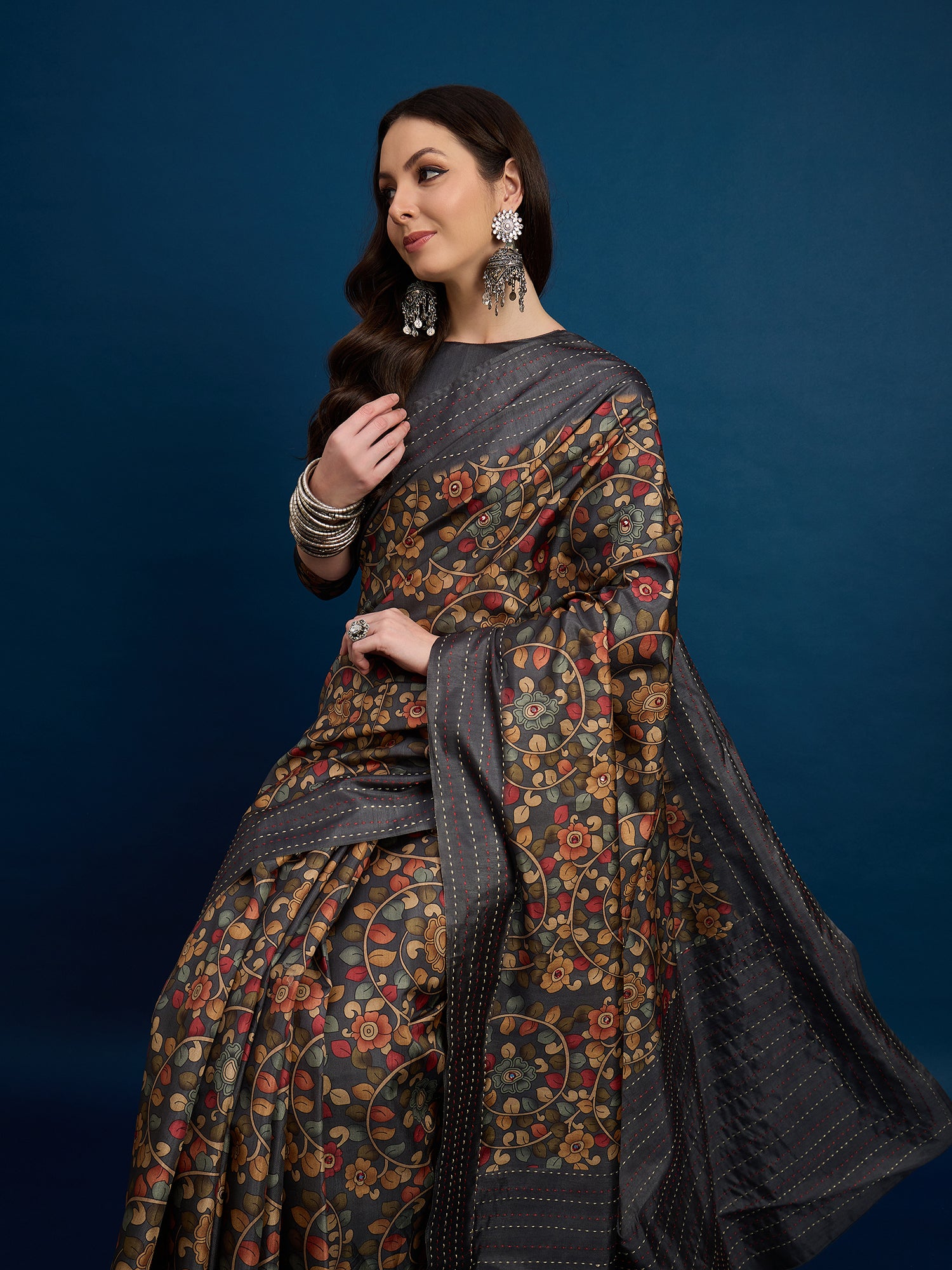 KATHAKARI Midnight Floral Heritage Saree
