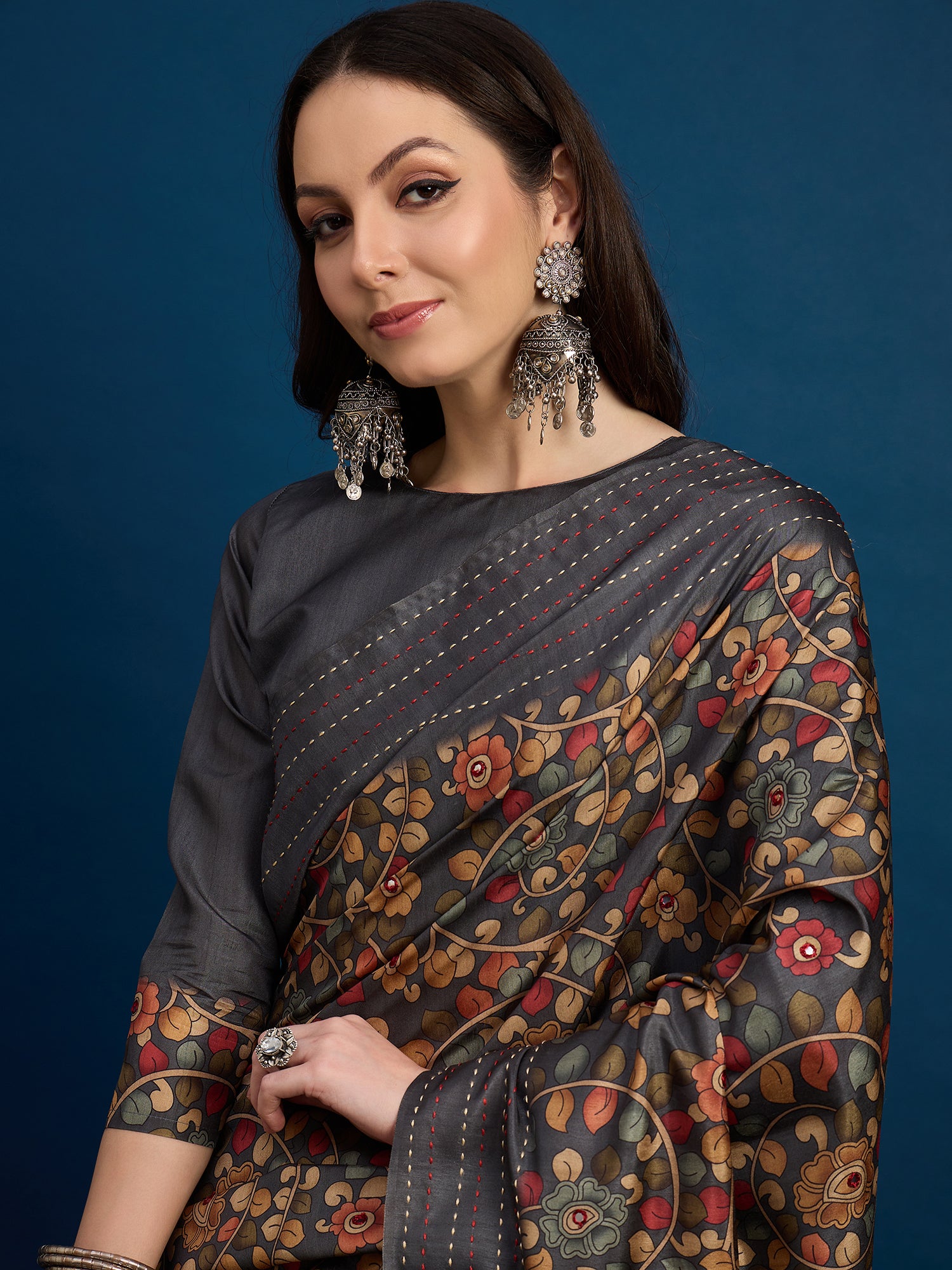 KATHAKARI Midnight Floral Heritage Saree