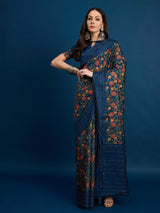 KATHAKARI Midnight Sapphire Floral Saree