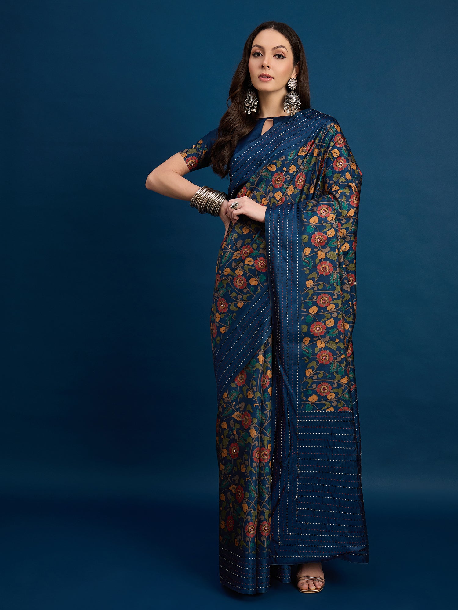 KATHAKARI Midnight Sapphire Floral Saree