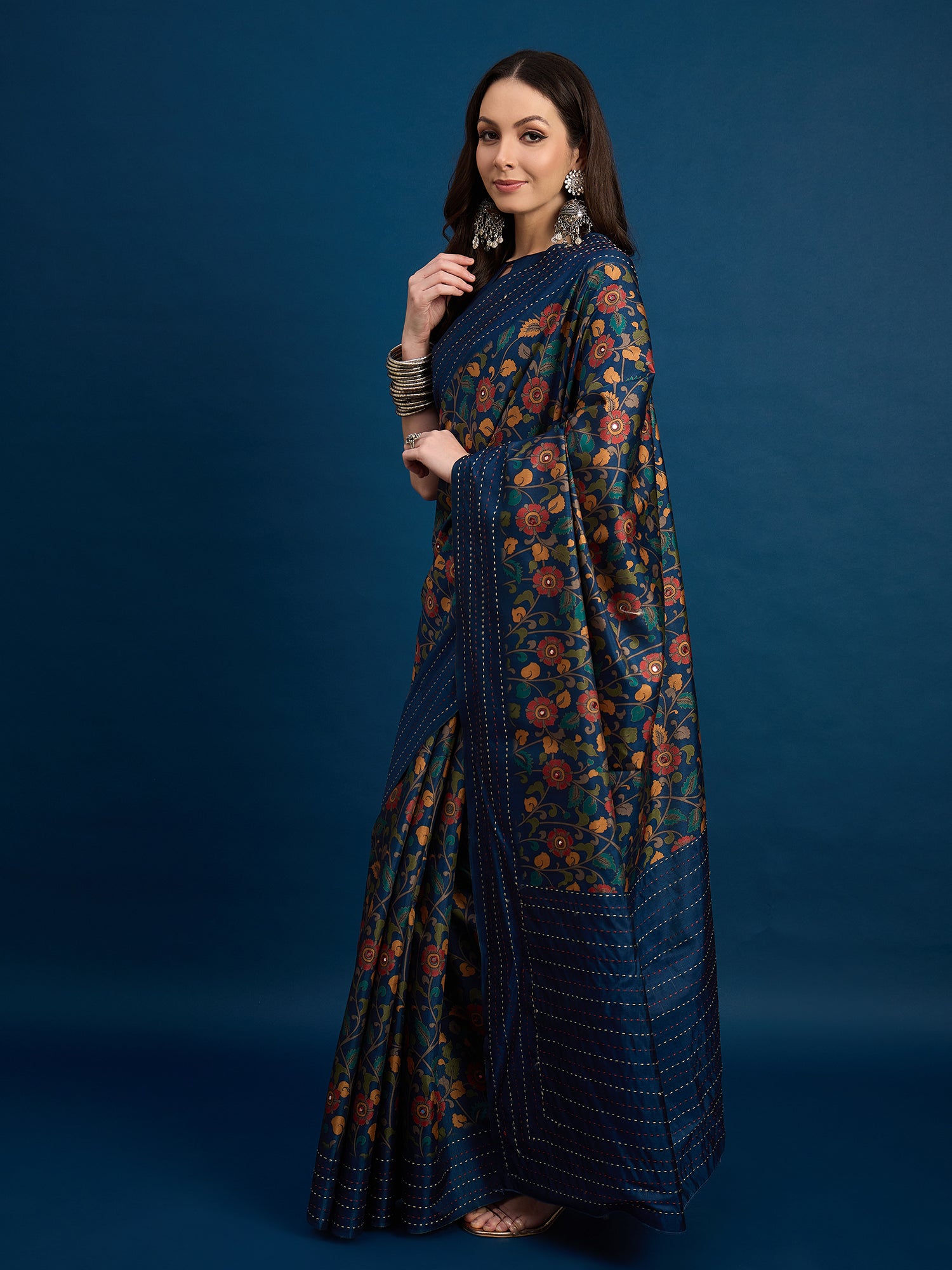 KATHAKARI Midnight Sapphire Floral Saree