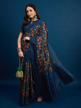 KATHAKARI Midnight Sapphire Floral Saree