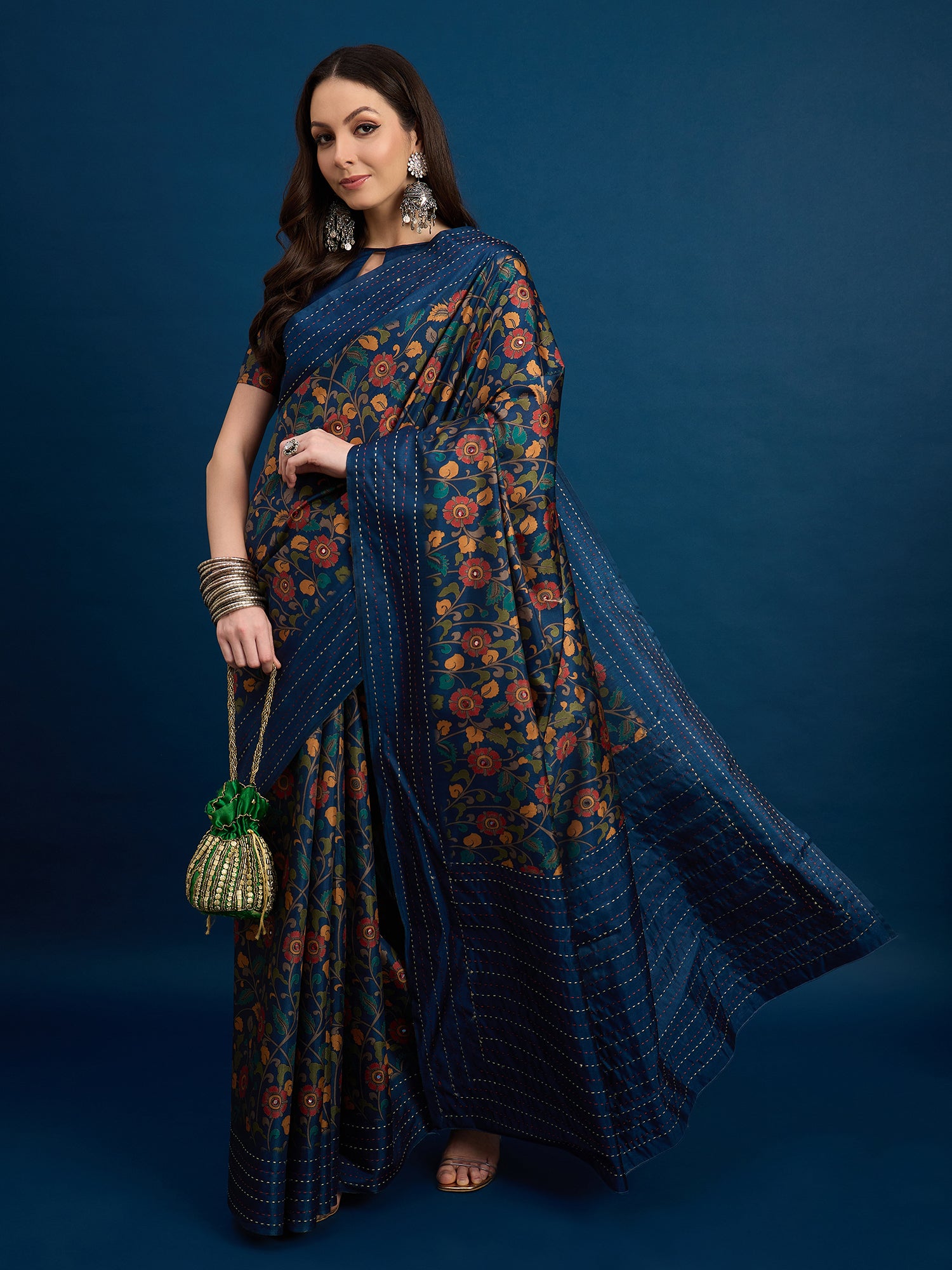 KATHAKARI Midnight Sapphire Floral Saree