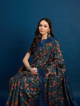 KATHAKARI Midnight Sapphire Floral Saree
