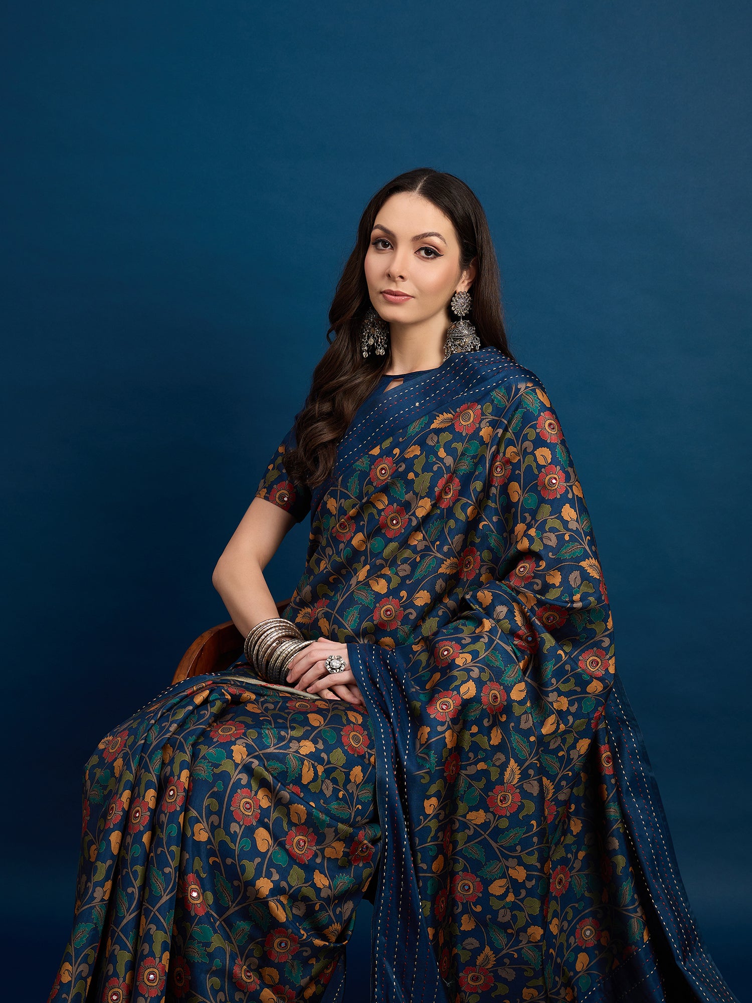 KATHAKARI Midnight Sapphire Floral Saree