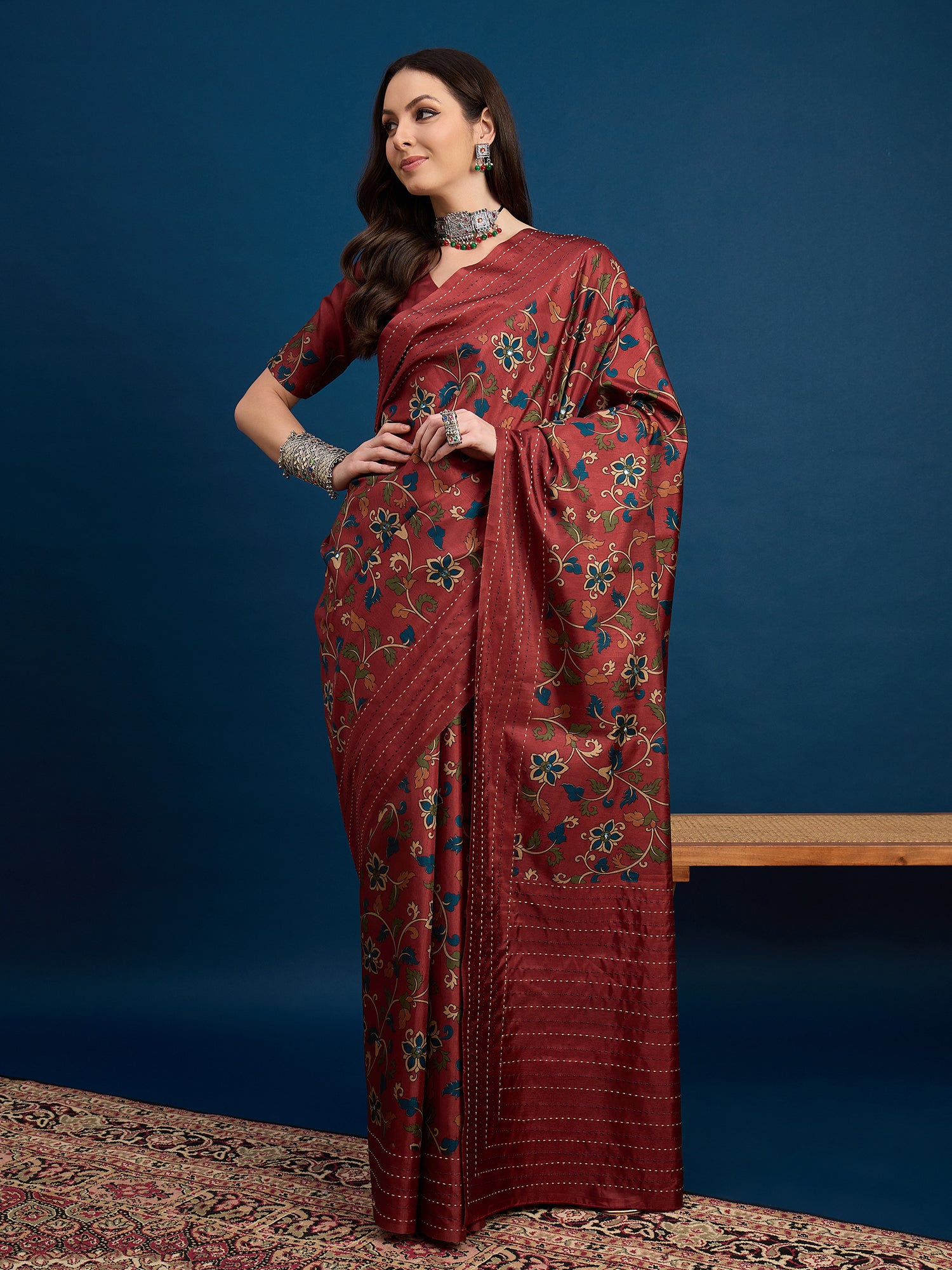 KATHAKARI Crimson Vine Elegance Saree