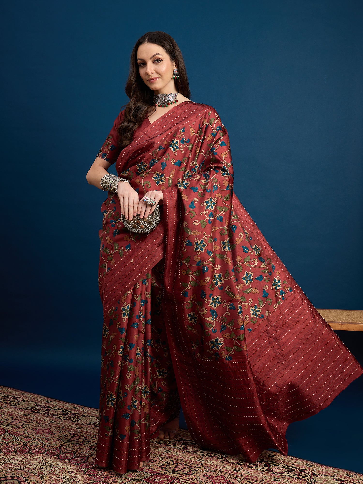 KATHAKARI Crimson Vine Elegance Saree