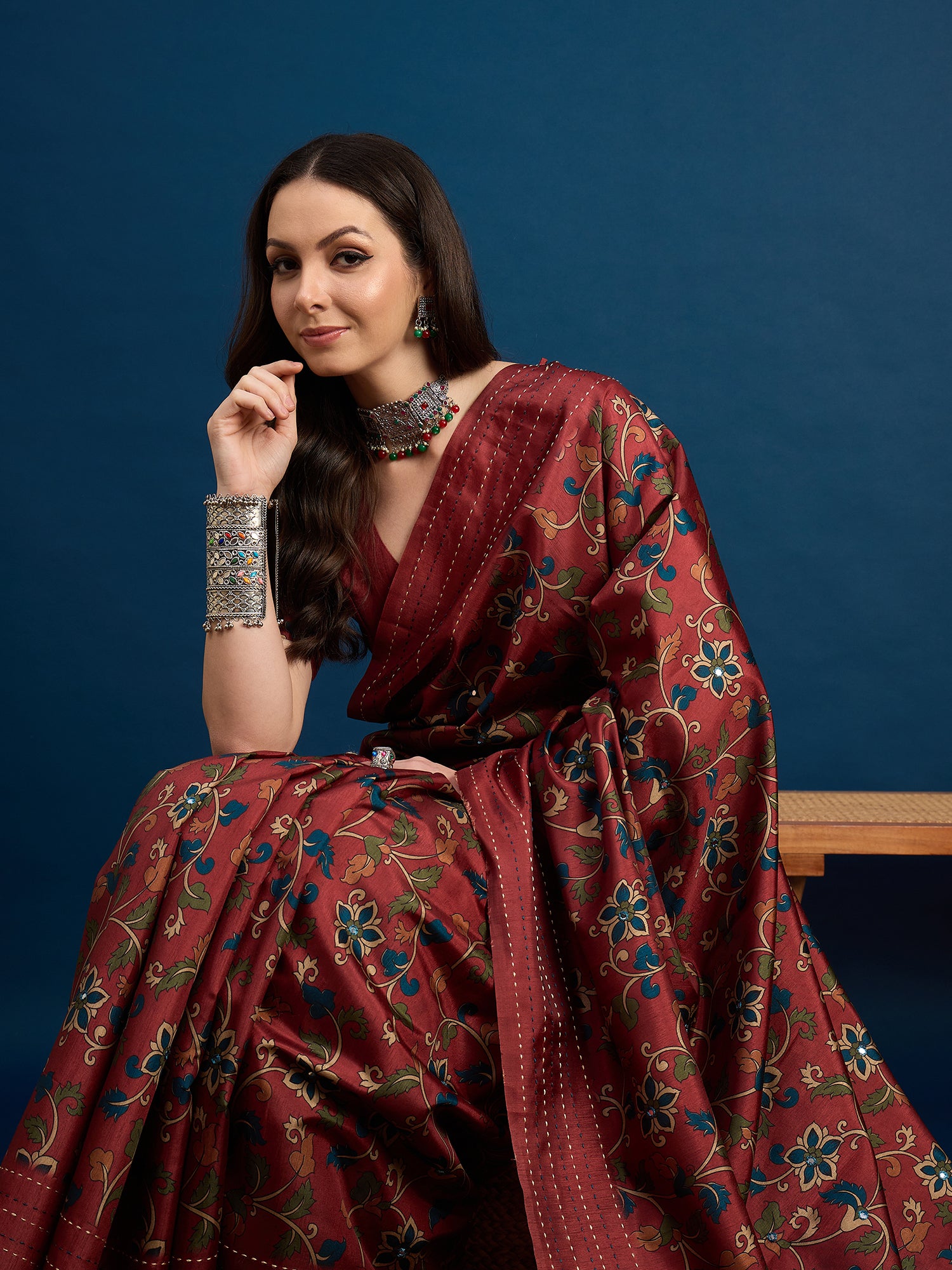 KATHAKARI Crimson Vine Elegance Saree