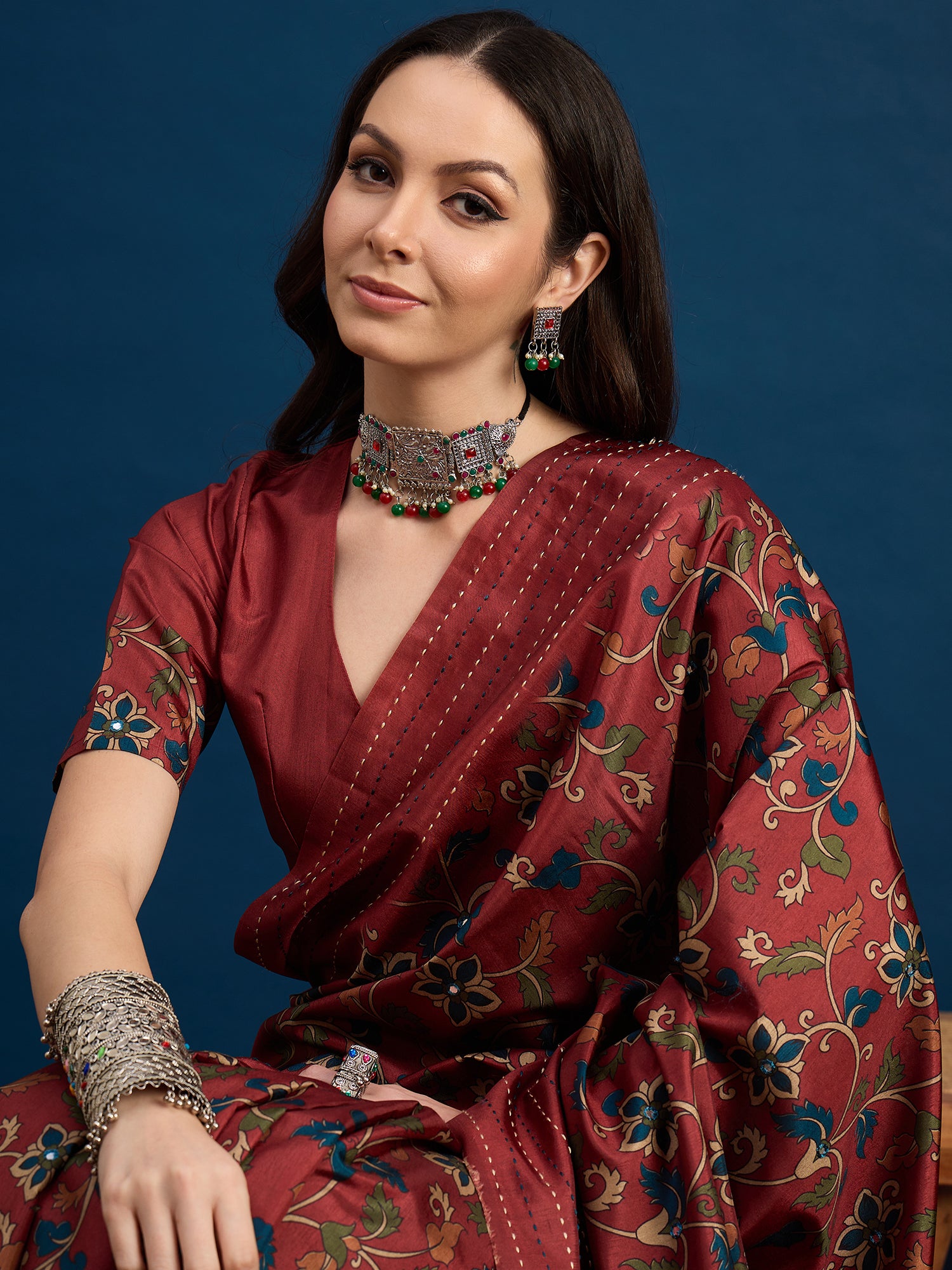 KATHAKARI Crimson Vine Elegance Saree