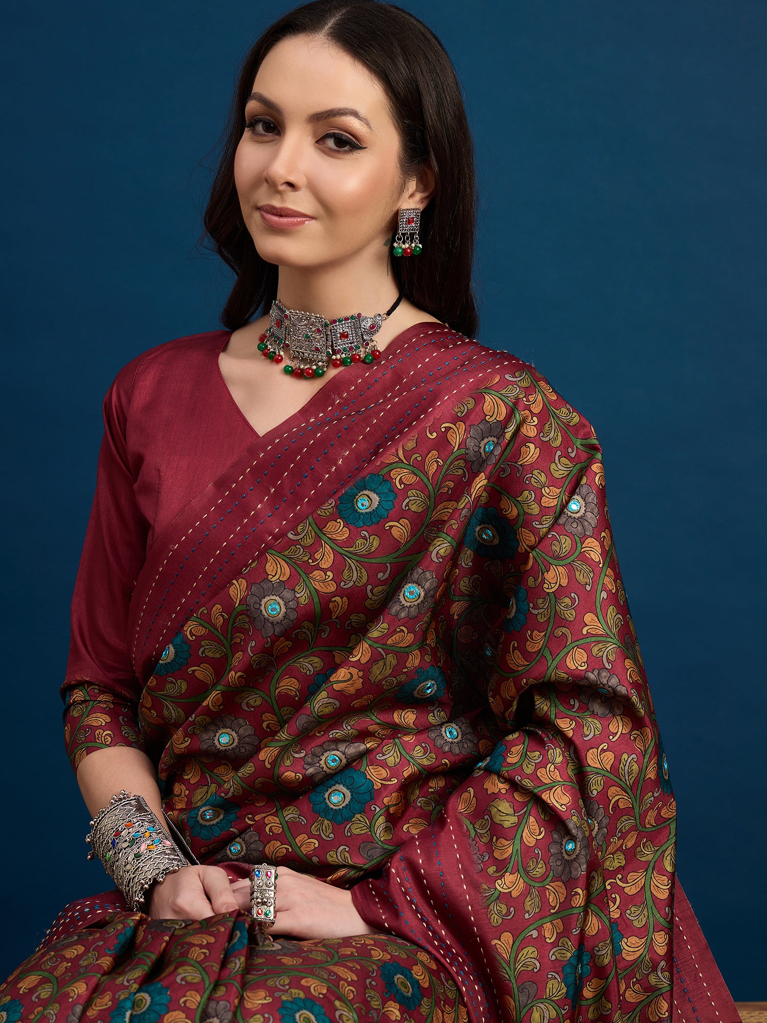 KATHAKARI Ruby Bloom Heritage Saree