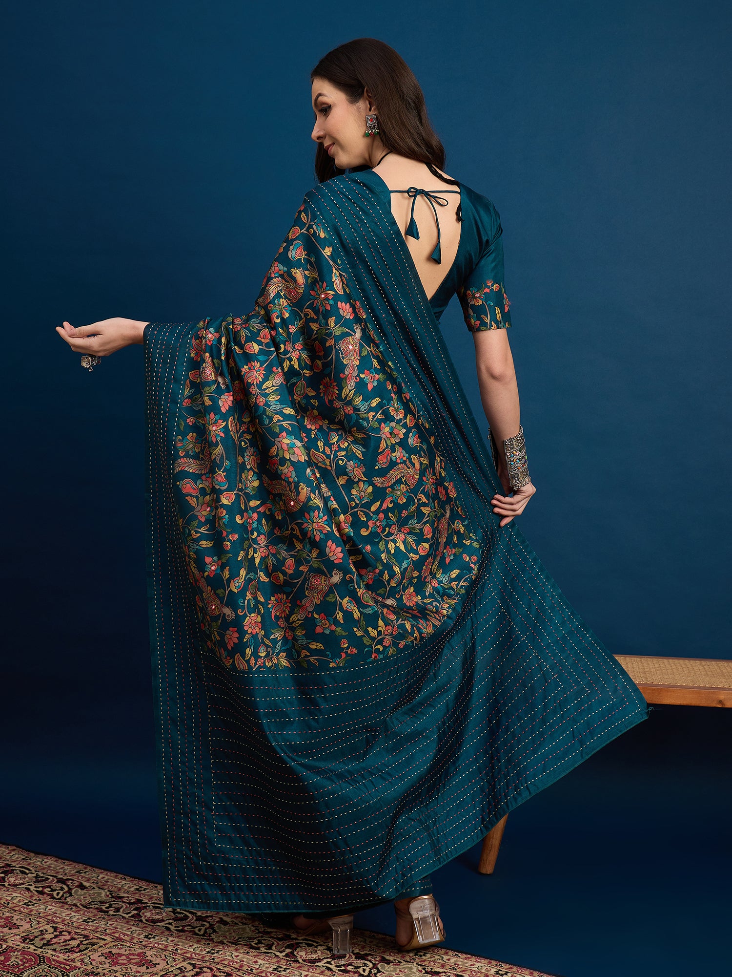 KATHAKARI Teal Blossom Royale Saree