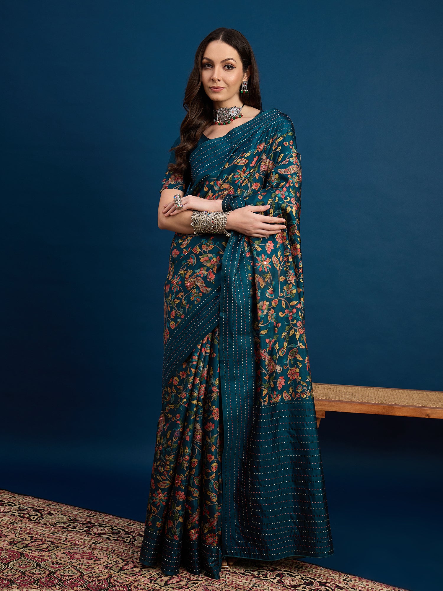 KATHAKARI Teal Blossom Royale Saree