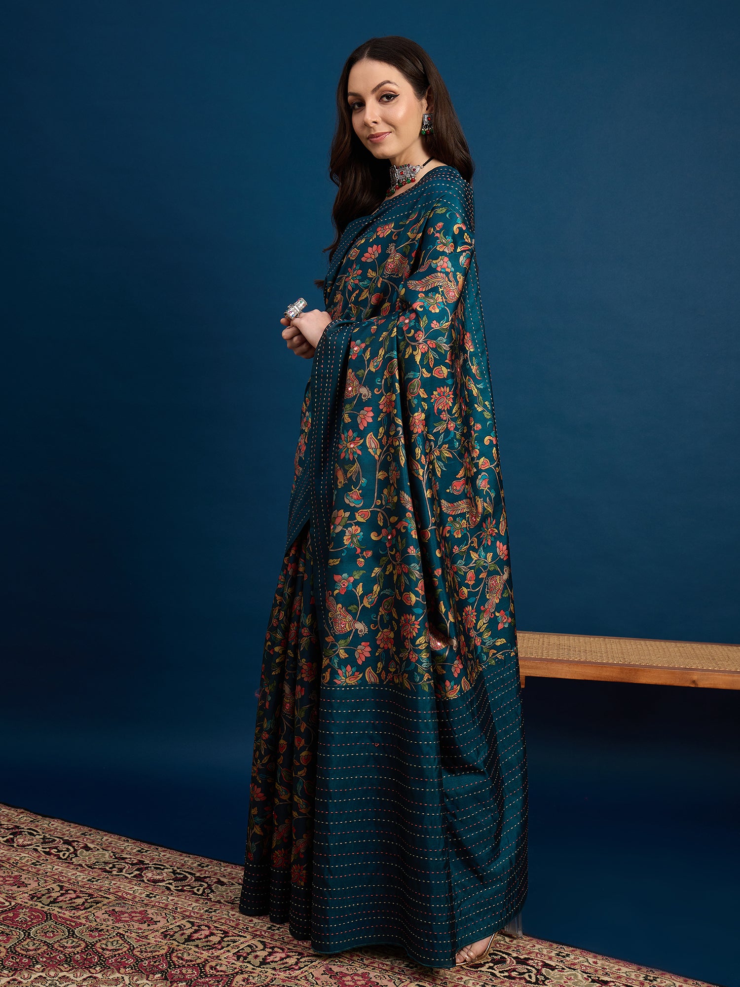 KATHAKARI Teal Blossom Royale Saree