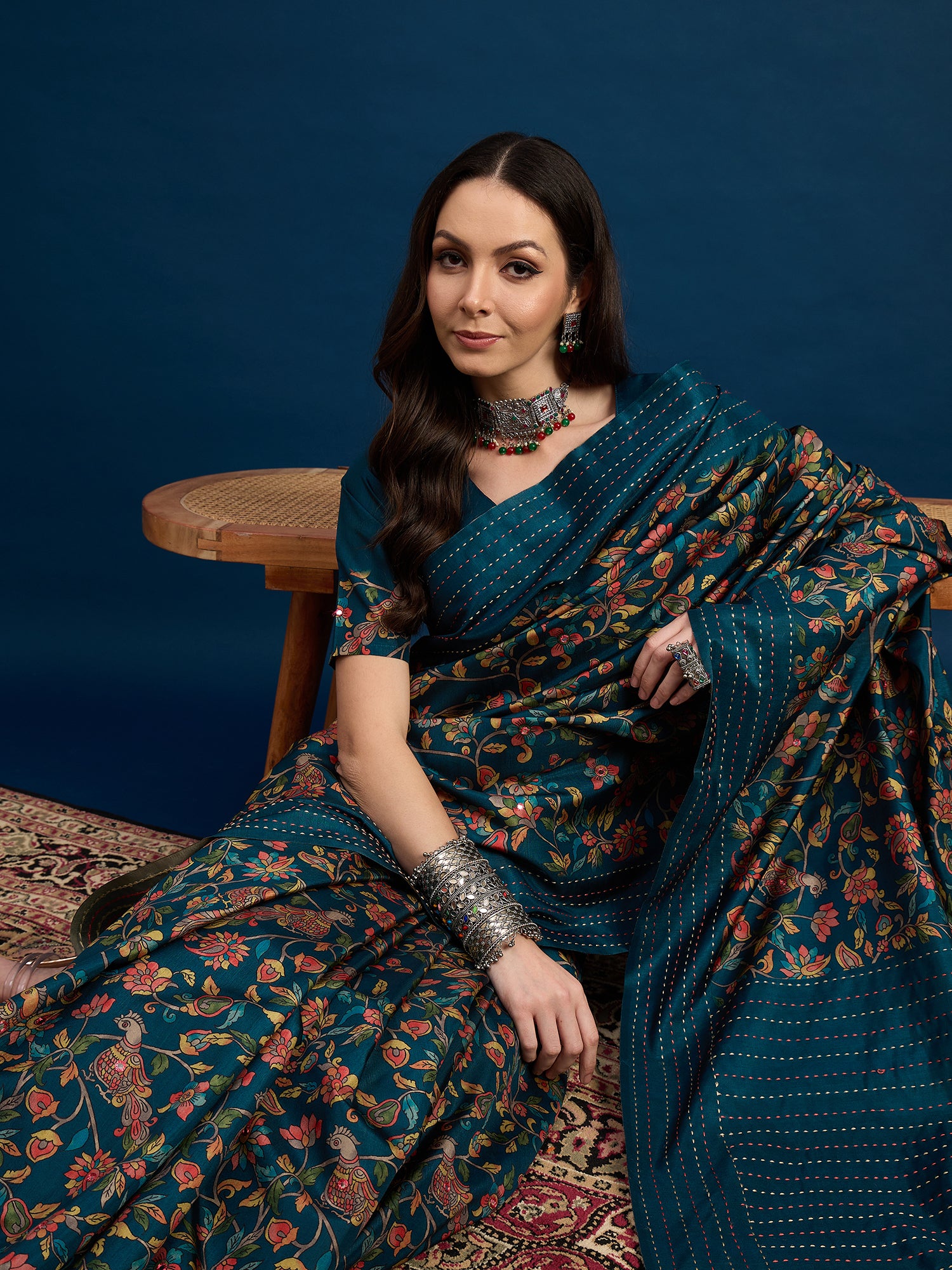 KATHAKARI Teal Blossom Royale Saree