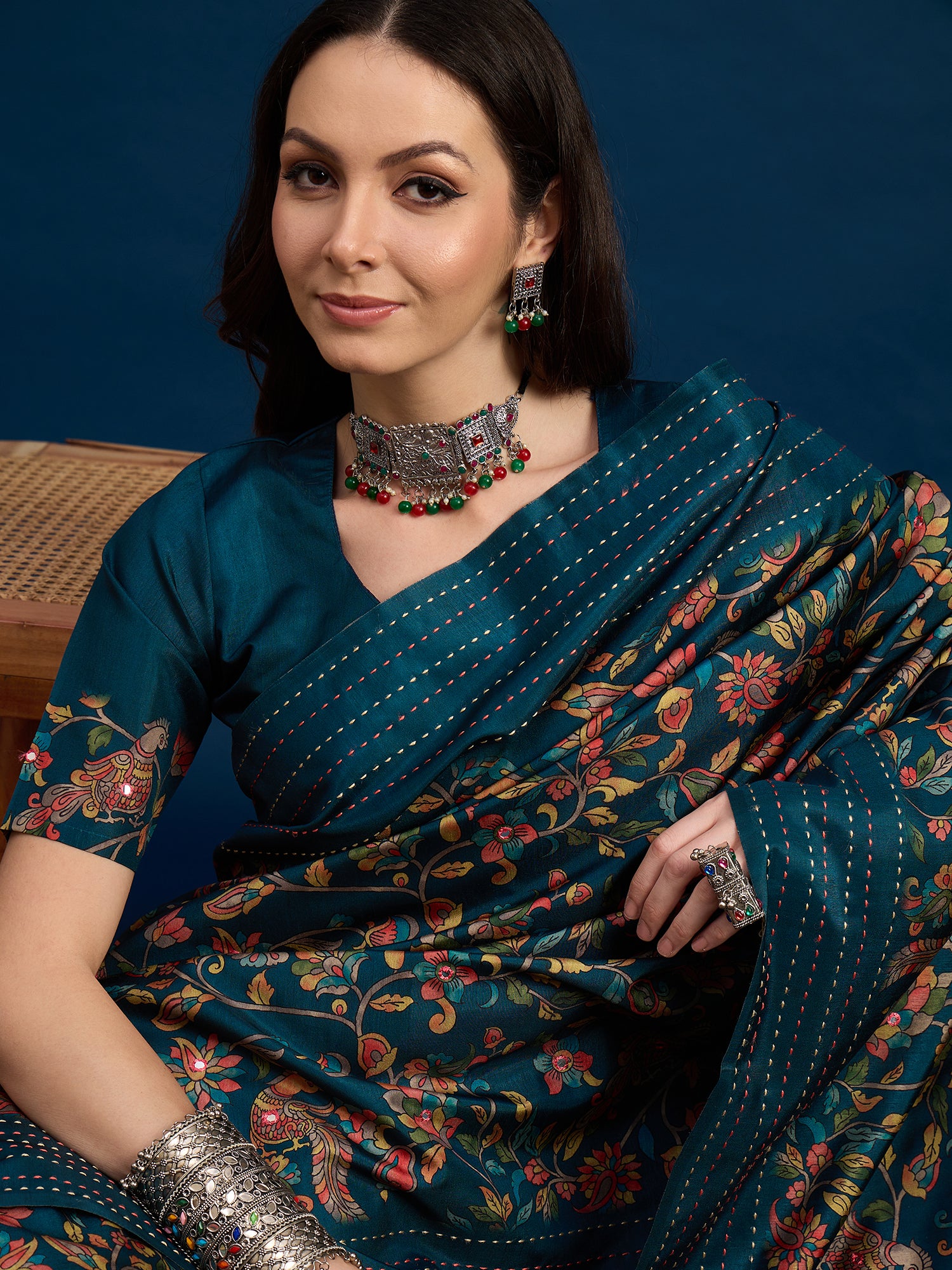 KATHAKARI Teal Blossom Royale Saree