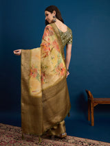KUSUM KALA-Golden Beige Floral Banarasi Silk Saree with Rich Zari Border