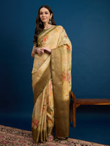 KUSUM KALA-Golden Beige Floral Banarasi Silk Saree with Rich Zari Border