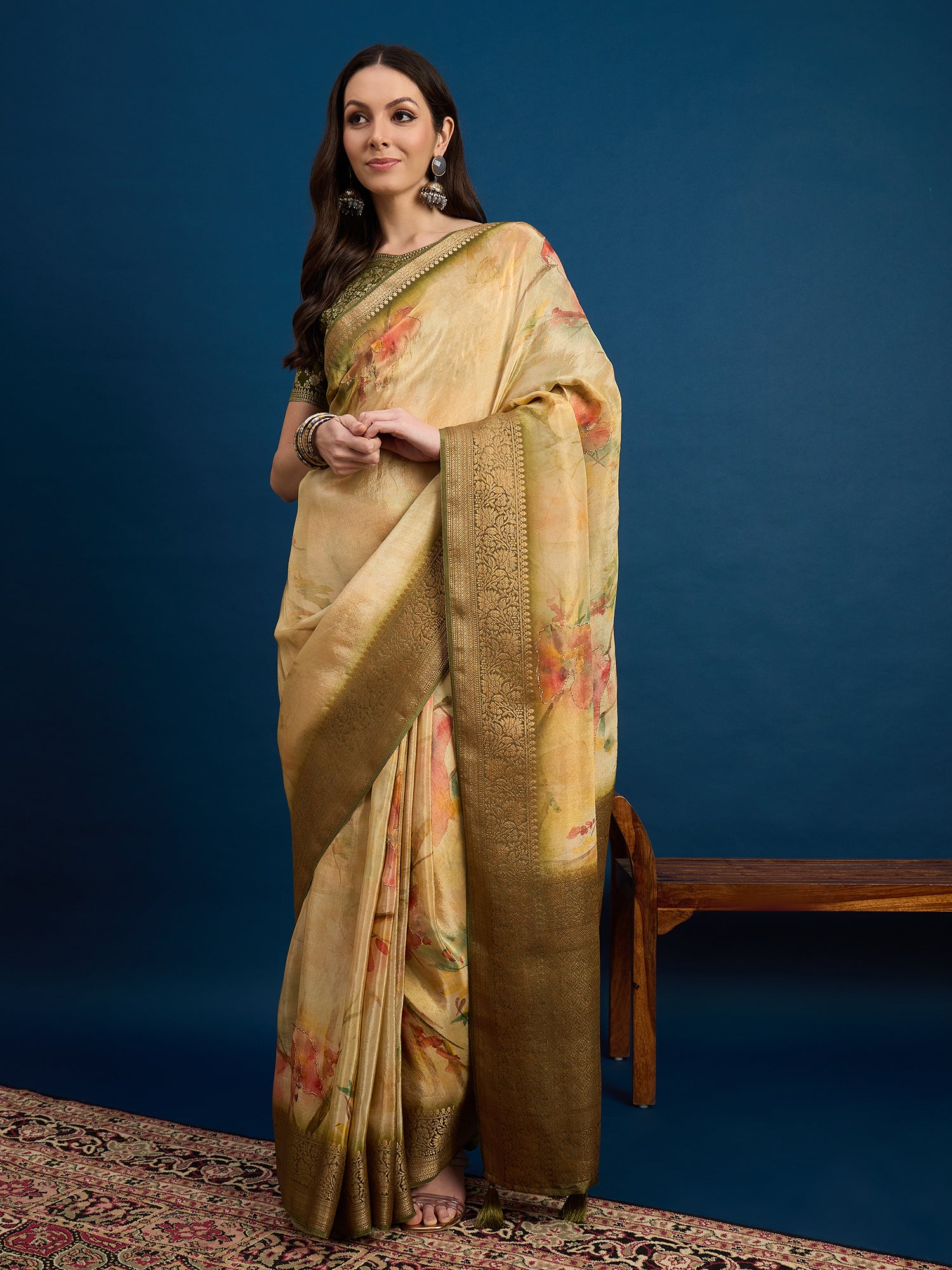 KUSUM KALA-Golden Beige Floral Banarasi Silk Saree with Rich Zari Border