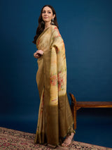 KUSUM KALA-Golden Beige Floral Banarasi Silk Saree with Rich Zari Border