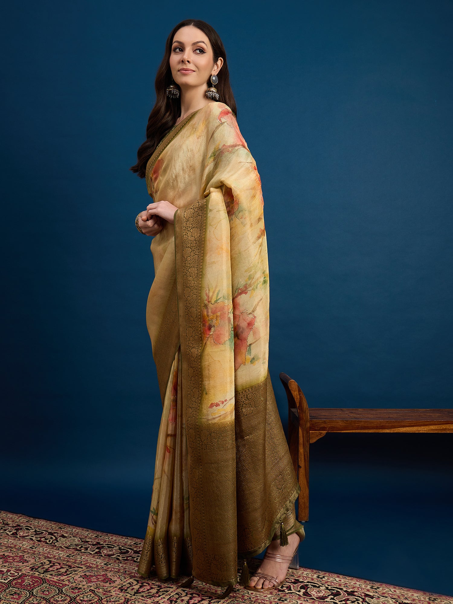 KUSUM KALA-Golden Beige Floral Banarasi Silk Saree with Rich Zari Border