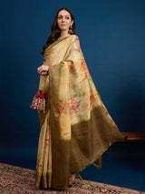 KUSUM KALA-Golden Beige Floral Banarasi Silk Saree with Rich Zari Border