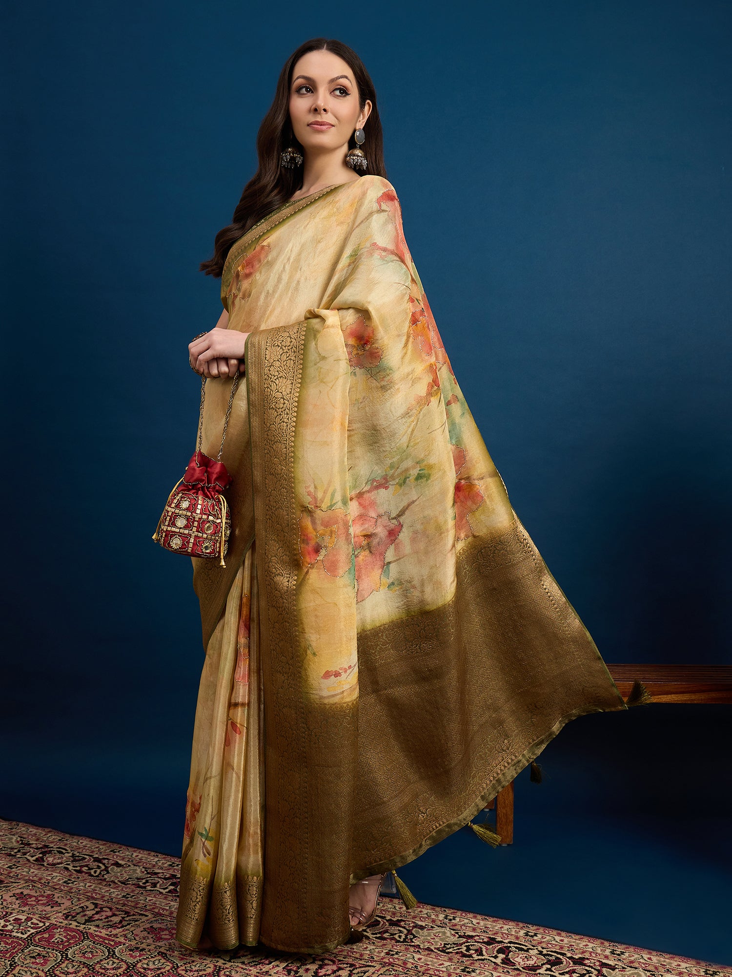 KUSUM KALA-Golden Beige Floral Banarasi Silk Saree with Rich Zari Border