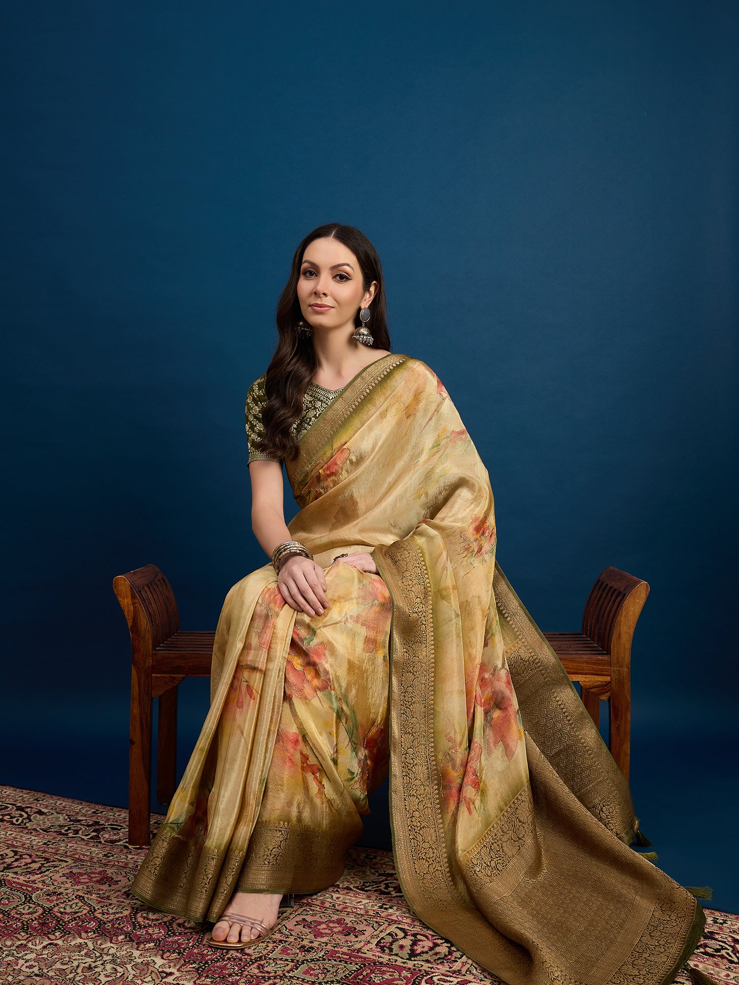 KUSUM KALA-Golden Beige Floral Banarasi Silk Saree with Rich Zari Border