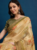 KUSUM KALA-Golden Beige Floral Banarasi Silk Saree with Rich Zari Border