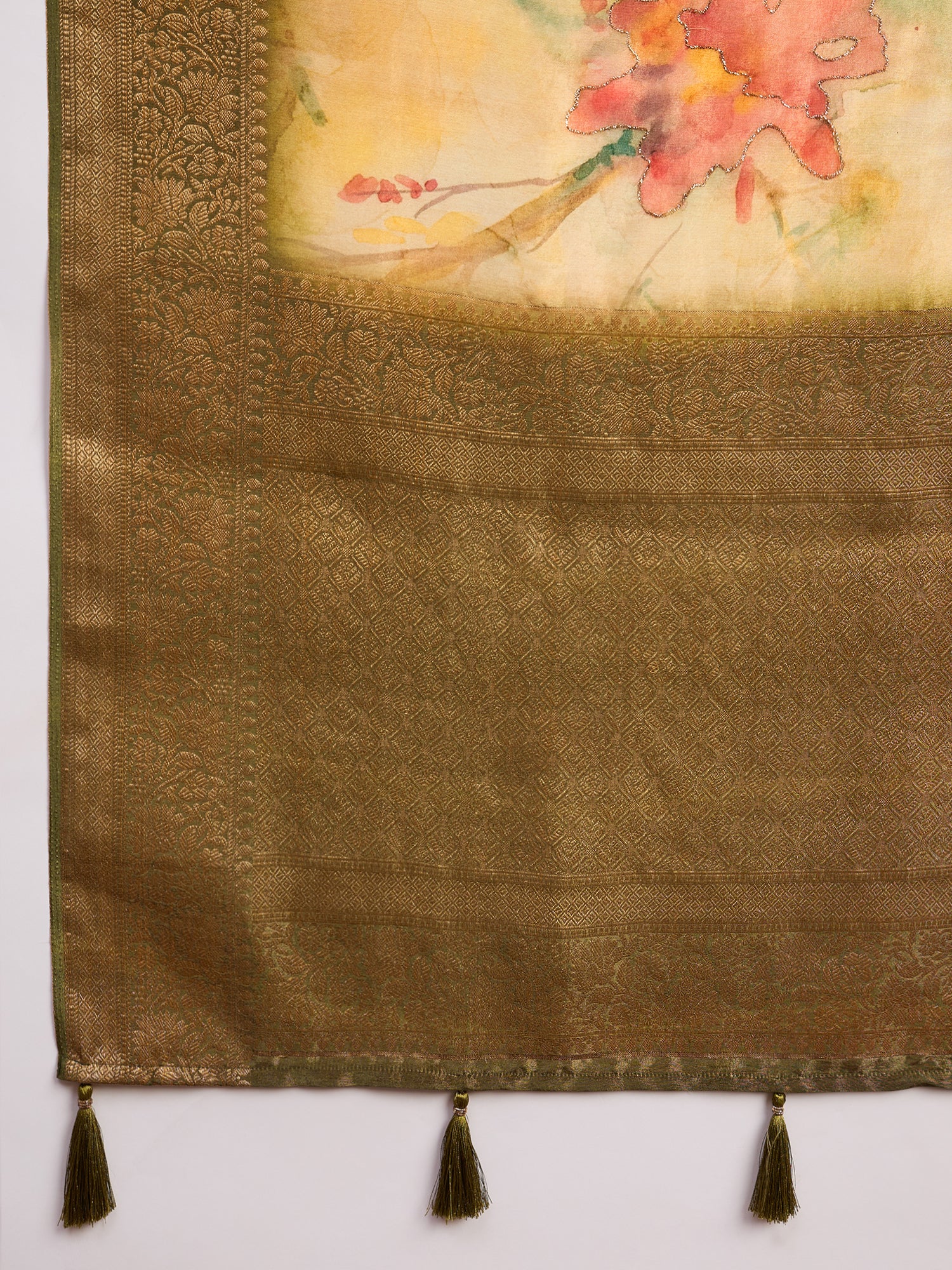 KUSUM KALA-Golden Beige Floral Banarasi Silk Saree with Rich Zari Border