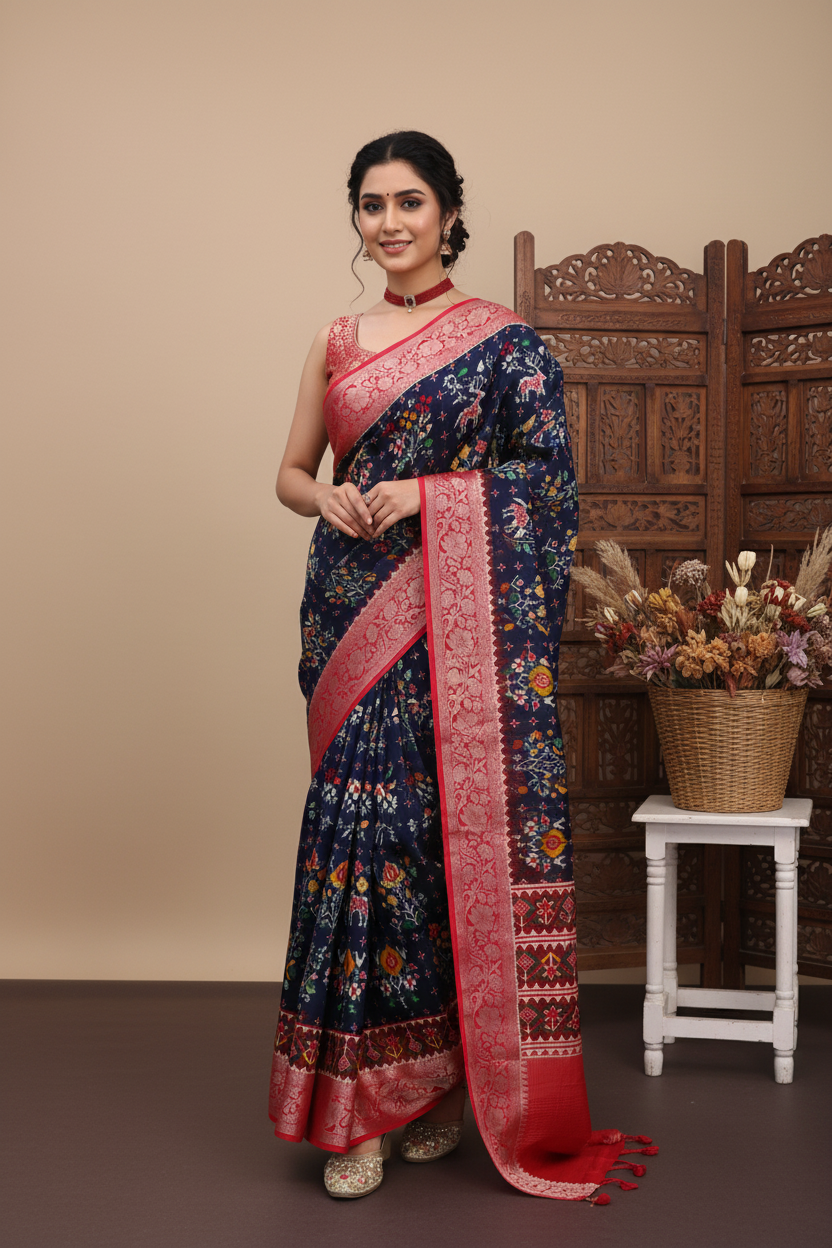 ADHIRA-Elegant Navy Blue Floral Printed Silk Saree with Rich Pink Zari Border & Traditional Designer Pallu – Festive Wear Ethnic Saree for Women with Intricate Multicolor Motifs and Tassel Detailing