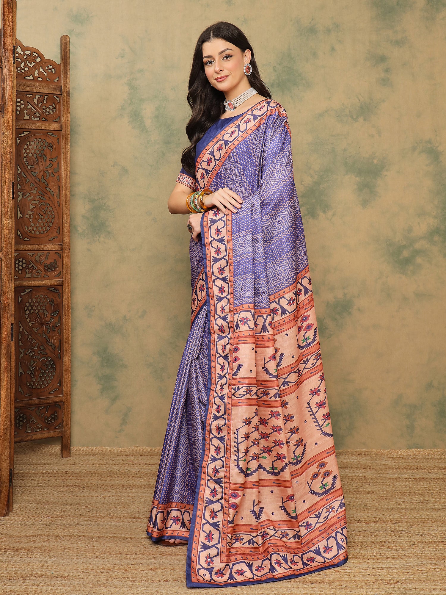 ROOPRANI-Royal Blue Traditional Printed Saree with Elegant Tribal Border Design