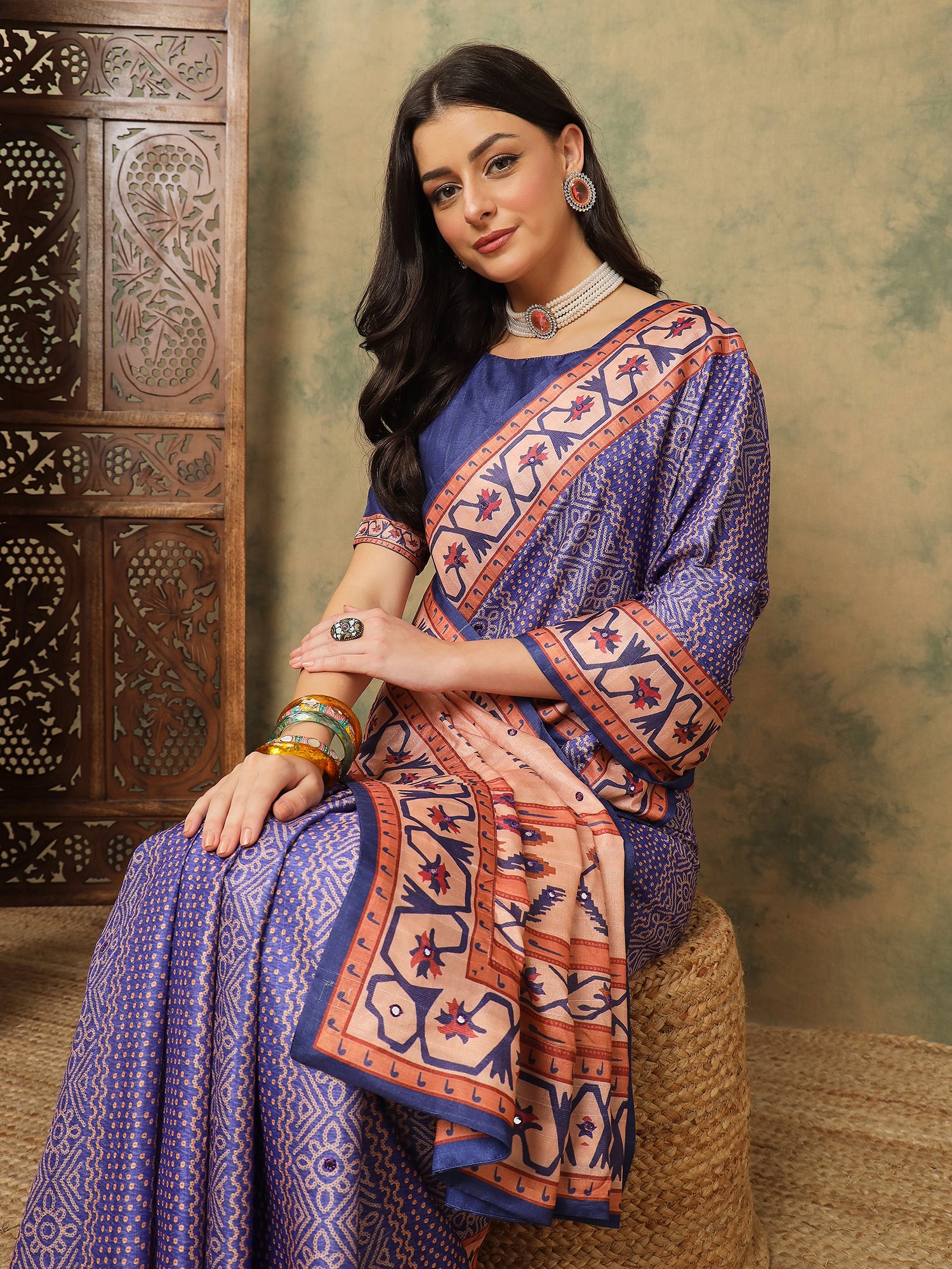 ROOPRANI-Royal Blue Traditional Printed Saree with Elegant Tribal Border Design