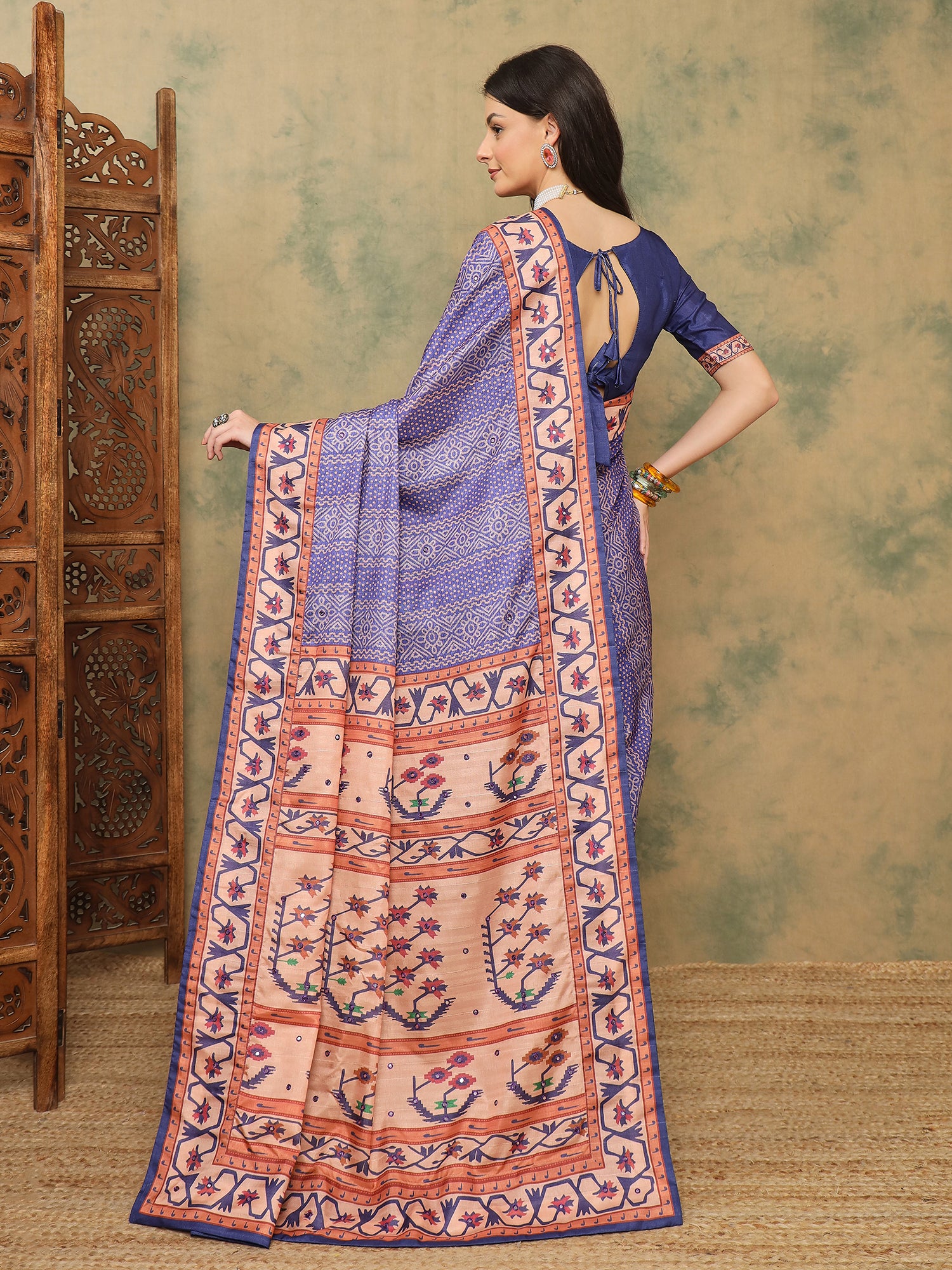 ROOPRANI-Royal Blue Traditional Printed Saree with Elegant Tribal Border Design