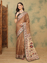 ROOPRANI-Elegant Coffee Brown Floral Border Saree with Artistic Nature Motif Pallu