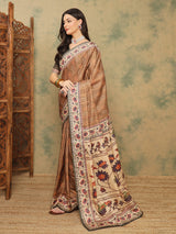 ROOPRANI-Elegant Coffee Brown Floral Border Saree with Artistic Nature Motif Pallu
