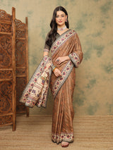 ROOPRANI-Elegant Coffee Brown Floral Border Saree with Artistic Nature Motif Pallu