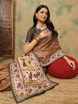 ROOPRANI-Elegant Coffee Brown Floral Border Saree with Artistic Nature Motif Pallu