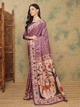 ROOPRANI-Royal Purple Floral Border Saree with Elegant Deer Motif Pallu