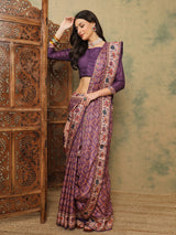 ROOPRANI-Royal Purple Floral Border Saree with Elegant Deer Motif Pallu