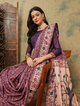 ROOPRANI-Royal Purple Floral Border Saree with Elegant Deer Motif Pallu