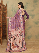 ROOPRANI-Royal Purple Floral Border Saree with Elegant Deer Motif Pallu