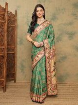 ROOPRANI-Elegant Emerald Green Traditional Printed Saree with Artistic Ethnic Border Design