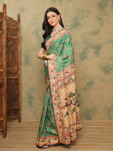 ROOPRANI-Elegant Emerald Green Traditional Printed Saree with Artistic Ethnic Border Design