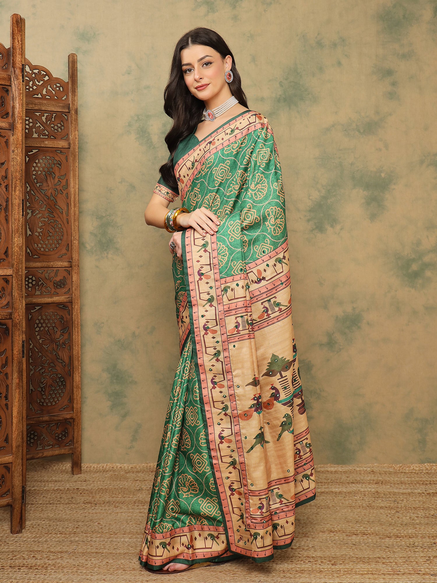 ROOPRANI-Elegant Emerald Green Traditional Printed Saree with Artistic Ethnic Border Design